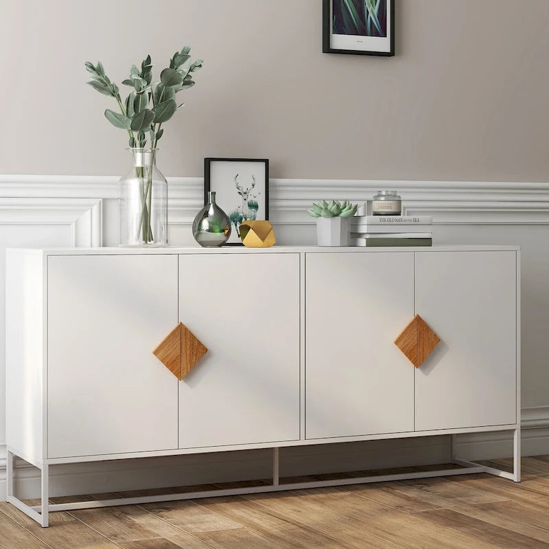 Buffet en MDF blanc / blanc antique avec 2 portes, poignées carrées en bois et cadre en fer – Unité simple