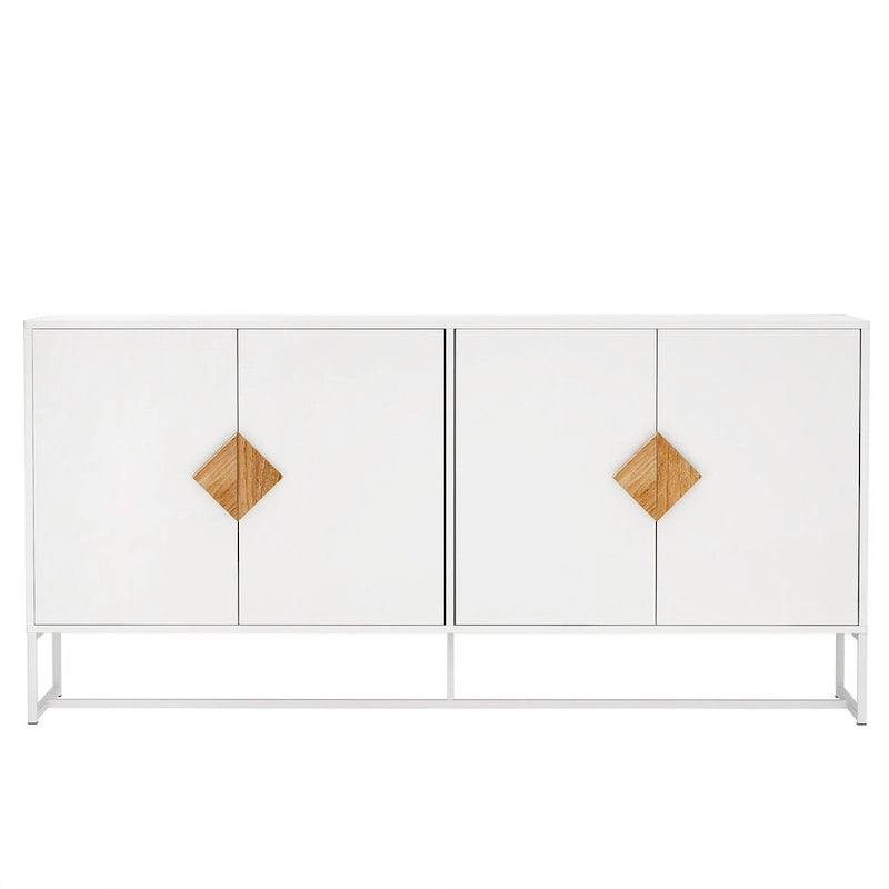 Buffet en MDF blanc / blanc antique avec 2 portes, poignées carrées en bois et cadre en fer – Unité simple