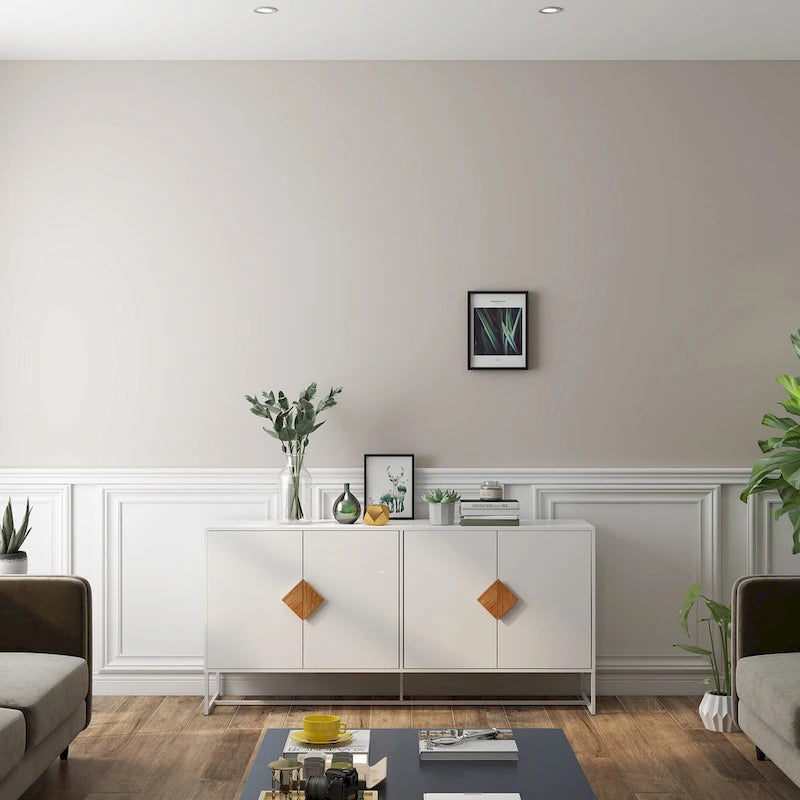 Buffet en MDF blanc / blanc antique avec 2 portes, poignées carrées en bois et cadre en fer – Unité simple