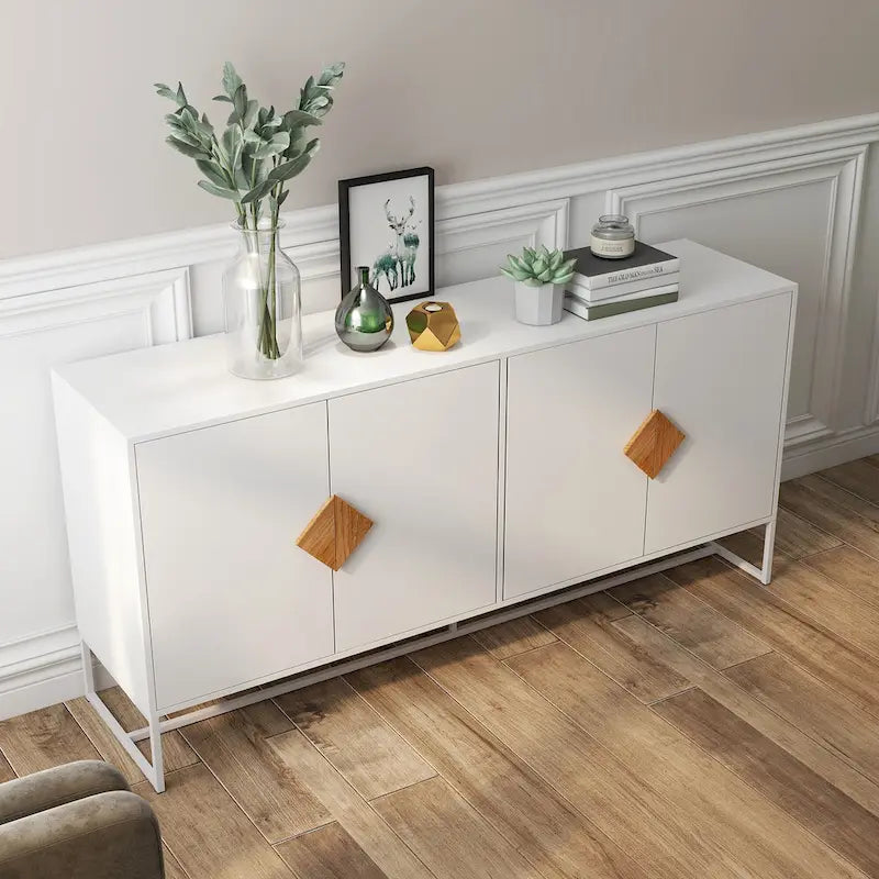 Buffet en MDF blanc / blanc antique avec 2 portes, poignées carrées en bois et cadre en fer – Unité simple