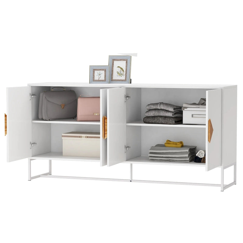 Buffet en MDF blanc / blanc antique avec 2 portes, poignées carrées en bois et cadre en fer – Unité simple