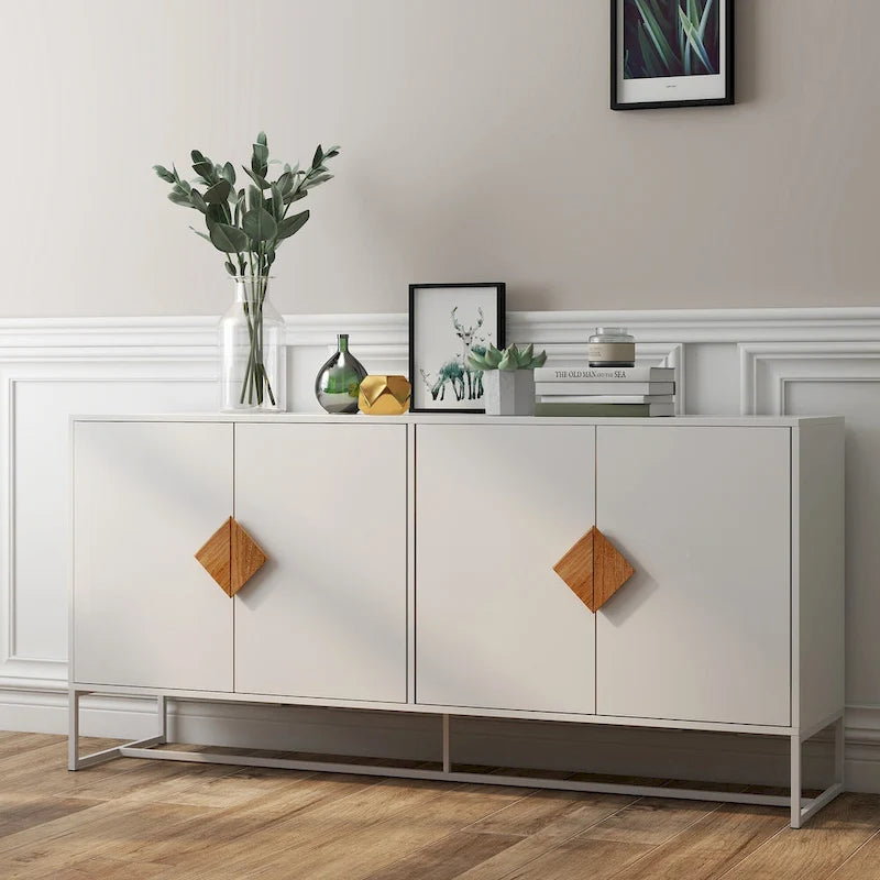 Buffet en MDF blanc / blanc antique avec 2 portes, poignées carrées en bois et cadre en fer – Unité simple