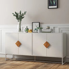 Buffet en MDF blanc / blanc antique avec 2 portes, poignées carrées en bois et cadre en fer – Unité simple