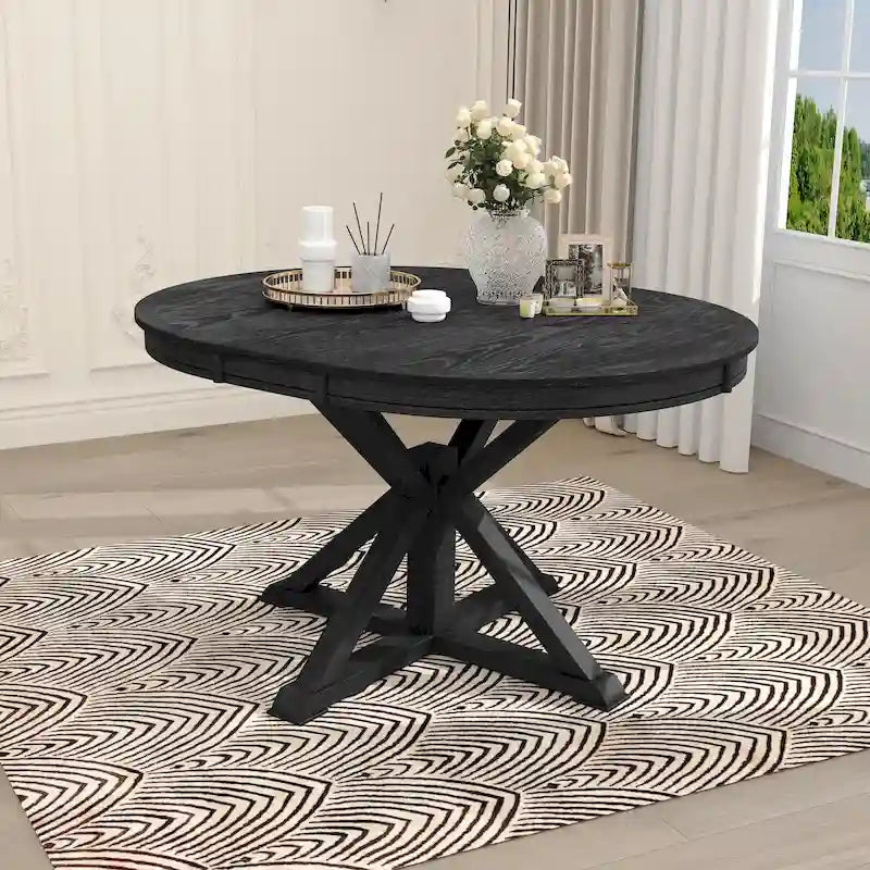 Table à manger ronde extensible avec rallonge papillon et pieds en bois massif en X, en MDF plaqué chêne naturel/marron/espresso – Jusqu'à 6 places