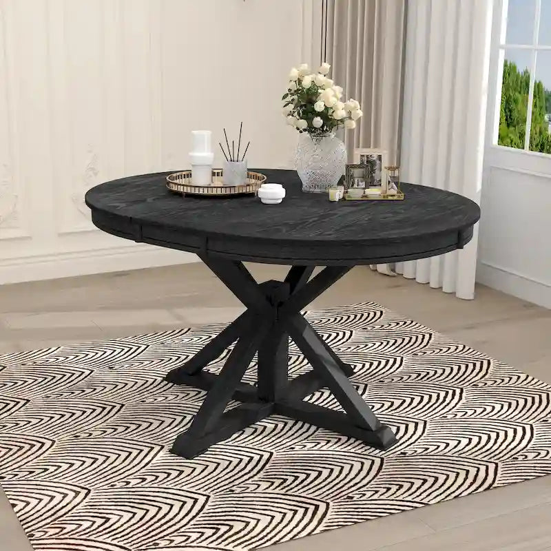 Table à manger ronde extensible avec rallonge papillon et pieds en bois massif en X, en MDF plaqué chêne naturel/marron/espresso – Jusqu'à 6 places