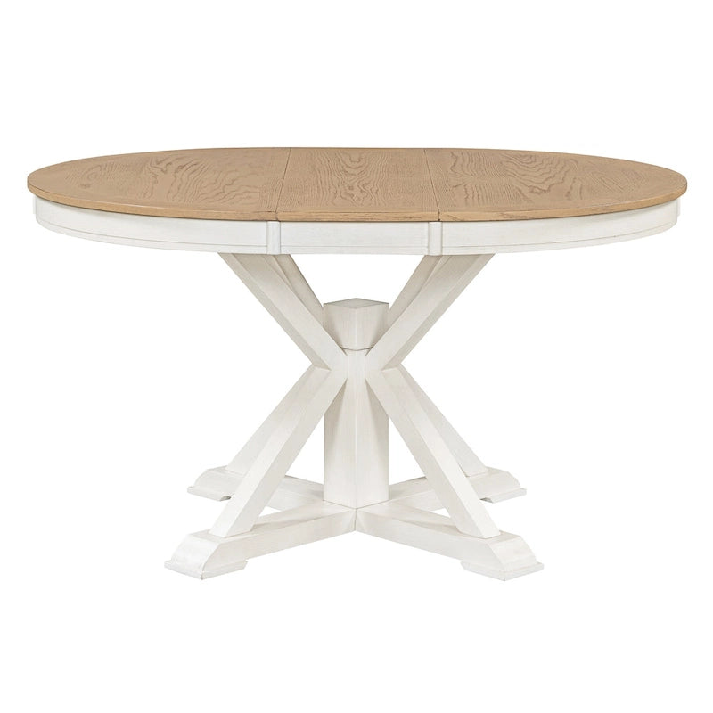 Table à manger ronde extensible avec rallonge papillon et pieds en bois massif en X, en MDF plaqué chêne naturel/marron/espresso – Jusqu'à 6 places
