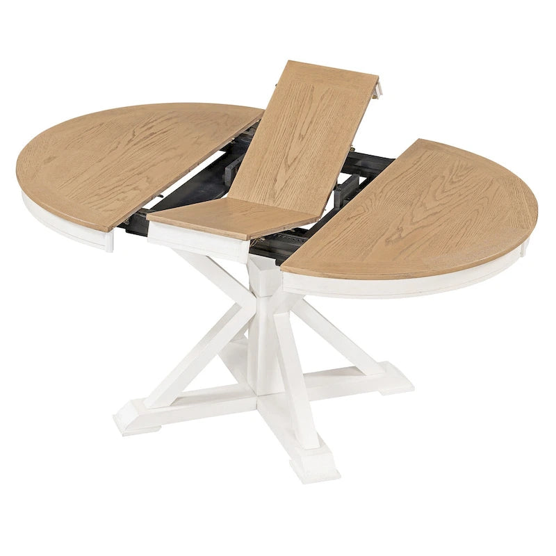 Table à manger ronde extensible avec rallonge papillon et pieds en bois massif en X, en MDF plaqué chêne naturel/marron/espresso – Jusqu'à 6 places