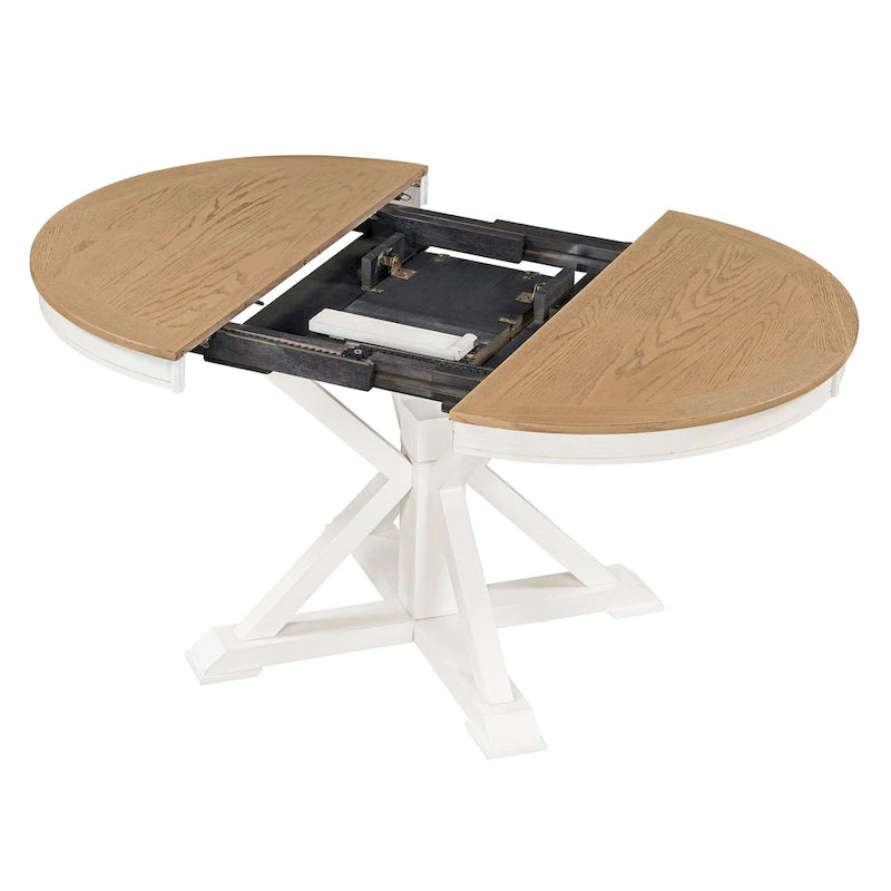 Table à manger ronde extensible avec rallonge papillon et pieds en bois massif en X, en MDF plaqué chêne naturel/marron/espresso – Jusqu'à 6 places