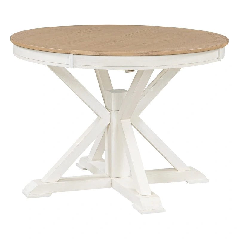 Table à manger ronde extensible avec rallonge papillon et pieds en bois massif en X, en MDF plaqué chêne naturel/marron/espresso – Jusqu'à 6 places