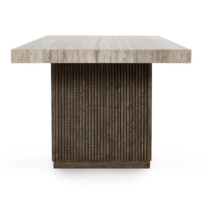 Table de salle à manger en pin recyclé marron/beige avec piètement à rainures verticales et pieds massifs – Pour 8 personnes