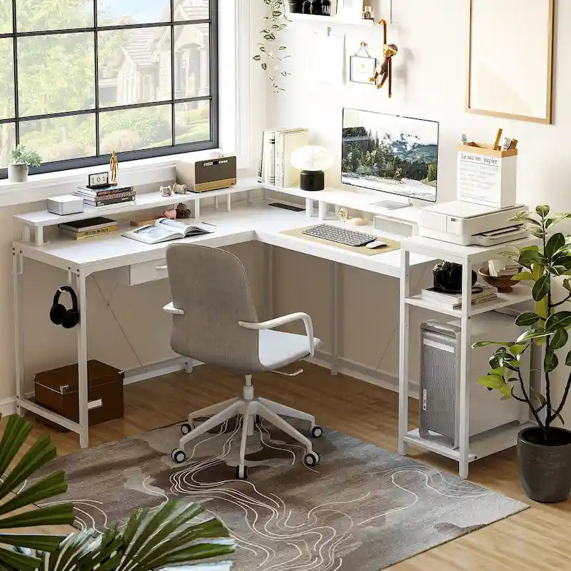 Bureau de jeu réversible en MDF en forme de L blanc/marron/gris/noir avec lumières LED, prises de courant, support de moniteur et crochets pour casque – Unité simple