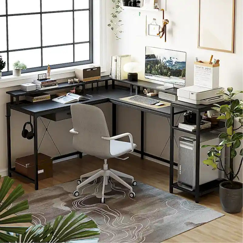 Bureau de jeu réversible en MDF en forme de L blanc/marron/gris/noir avec lumières LED, prises de courant, support de moniteur et crochets pour casque – Unité simple