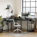 Bureau de jeu réversible en MDF en forme de L blanc/marron/gris/noir avec lumières LED, prises de courant, support de moniteur et crochets pour casque – Unité simple