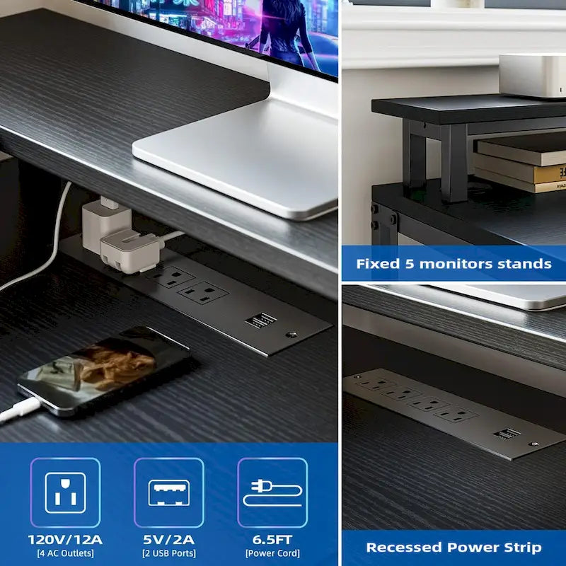 Bureau de jeu réversible en MDF en forme de L blanc/marron/gris/noir avec lumières LED, prises de courant, support de moniteur et crochets pour casque – Unité simple