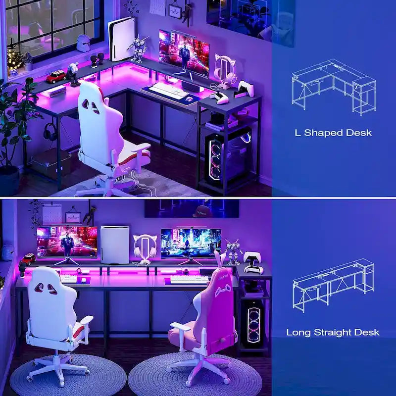 Bureau de jeu réversible en MDF en forme de L blanc/marron/gris/noir avec lumières LED, prises de courant, support de moniteur et crochets pour casque – Unité simple