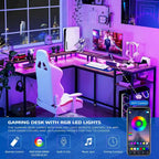 Bureau de jeu réversible en MDF en forme de L blanc/marron/gris/noir avec lumières LED, prises de courant, support de moniteur et crochets pour casque – Unité simple