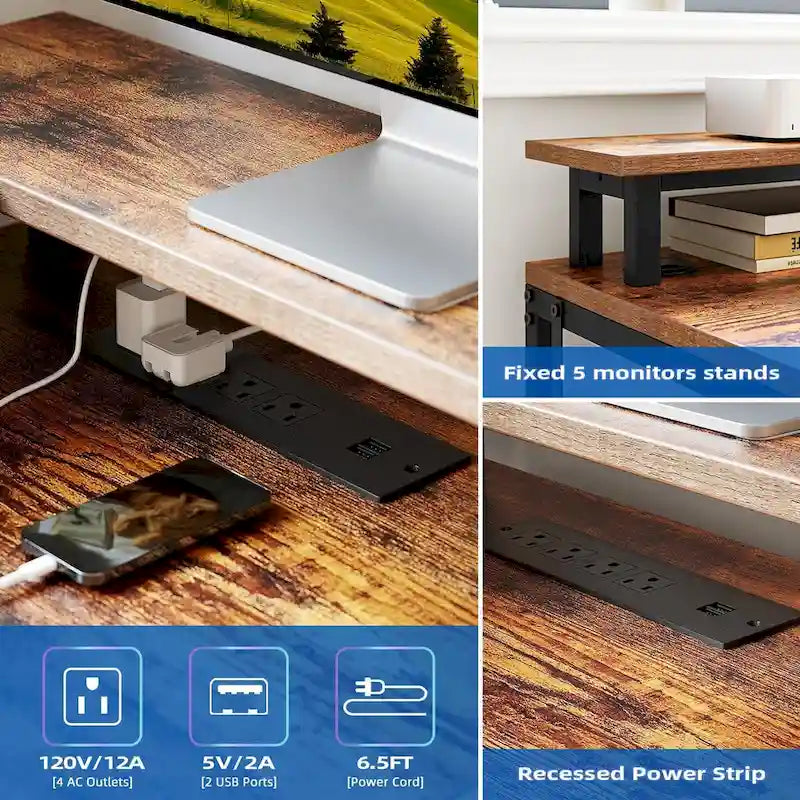 Bureau de jeu réversible en MDF en forme de L blanc/marron/gris/noir avec lumières LED, prises de courant, support de moniteur et crochets pour casque – Unité simple