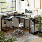 Bureau de jeu réversible en MDF en forme de L blanc/marron/gris/noir avec lumières LED, prises de courant, support de moniteur et crochets pour casque – Unité simple