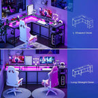 Bureau de jeu réversible en MDF en forme de L blanc/marron/gris/noir avec lumières LED, prises de courant, support de moniteur et crochets pour casque – Unité simple