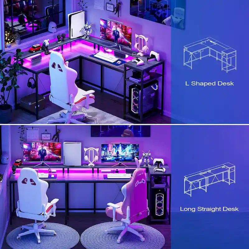Bureau de jeu réversible en MDF en forme de L blanc/marron/gris/noir avec lumières LED, prises de courant, support de moniteur et crochets pour casque – Unité simple