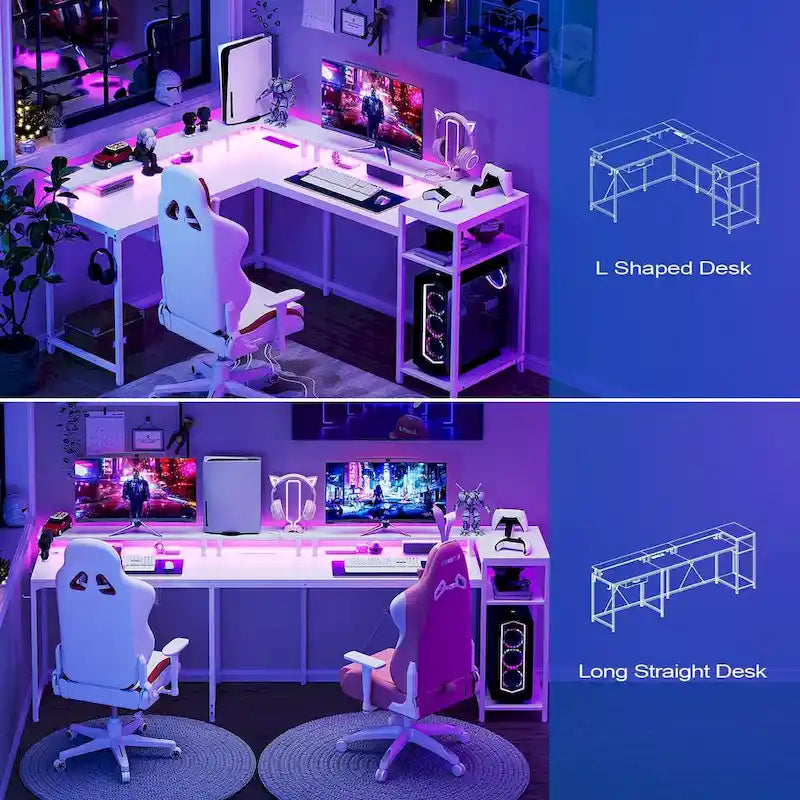 Bureau de jeu réversible en MDF en forme de L blanc/marron/gris/noir avec lumières LED, prises de courant, support de moniteur et crochets pour casque – Unité simple