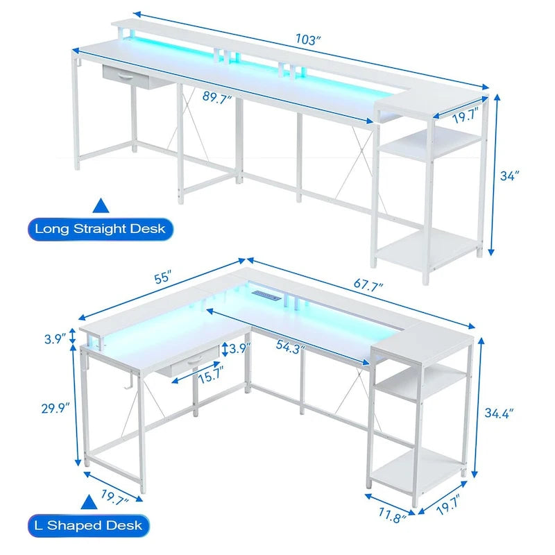 Bureau de jeu réversible en MDF en forme de L blanc/marron/gris/noir avec lumières LED, prises de courant, support de moniteur et crochets pour casque – Unité simple