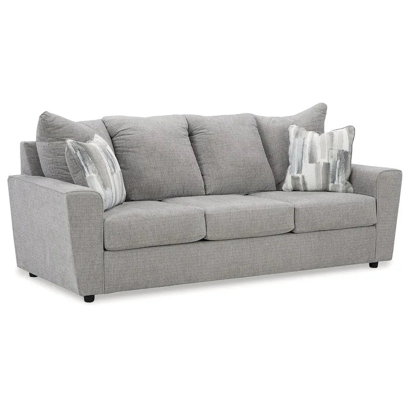 Canapé contemporain gris anthracite en chenille avec accoudoirs évasés et piètement plateforme – 3 places