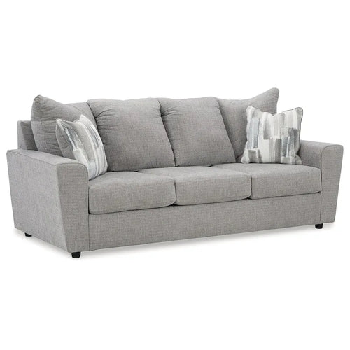 Canapé contemporain gris anthracite en chenille avec accoudoirs évasés et piètement plateforme – 3 places