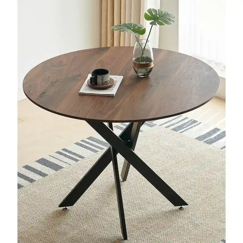 Table à manger piédestal de style Mid-Century avec plateau rond en MDF marron/noir et pieds en métal – 2 à 4 places