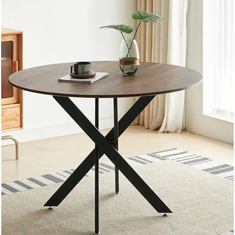 Table à manger piédestal de style Mid-Century avec plateau rond en MDF marron/noir et pieds en métal – 2 à 4 places
