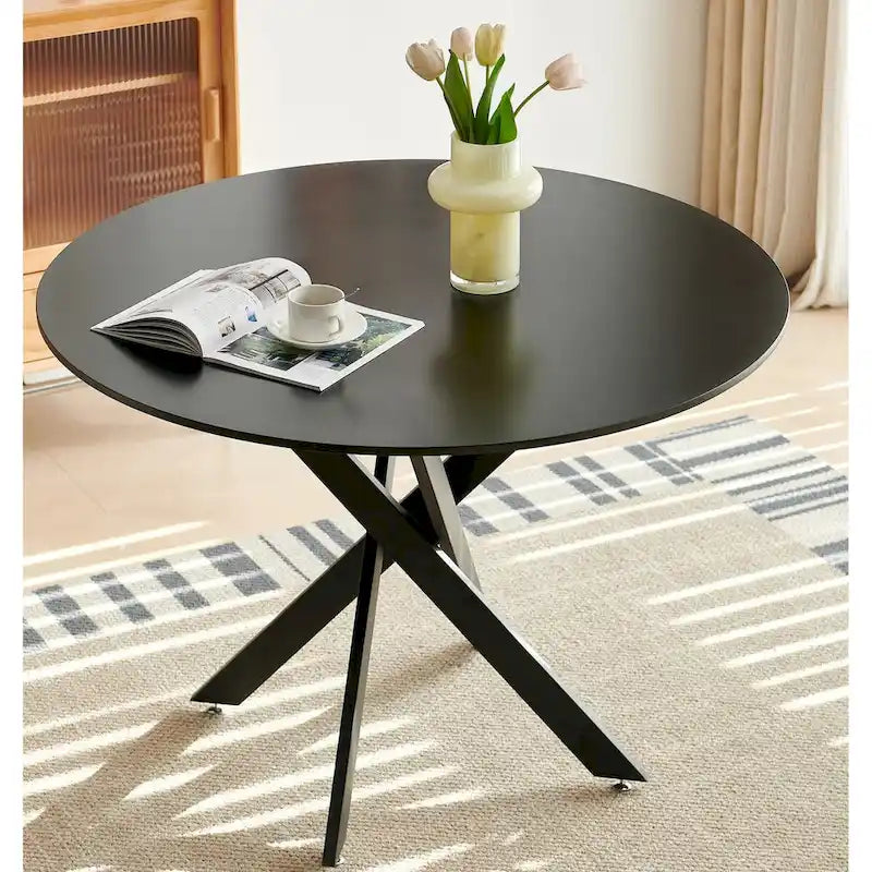 Table à manger piédestal de style Mid-Century avec plateau rond en MDF marron/noir et pieds en métal – 2 à 4 places
