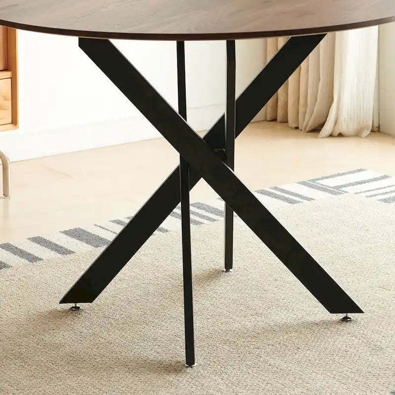 Table à manger piédestal de style Mid-Century avec plateau rond en MDF marron/noir et pieds en métal – 2 à 4 places