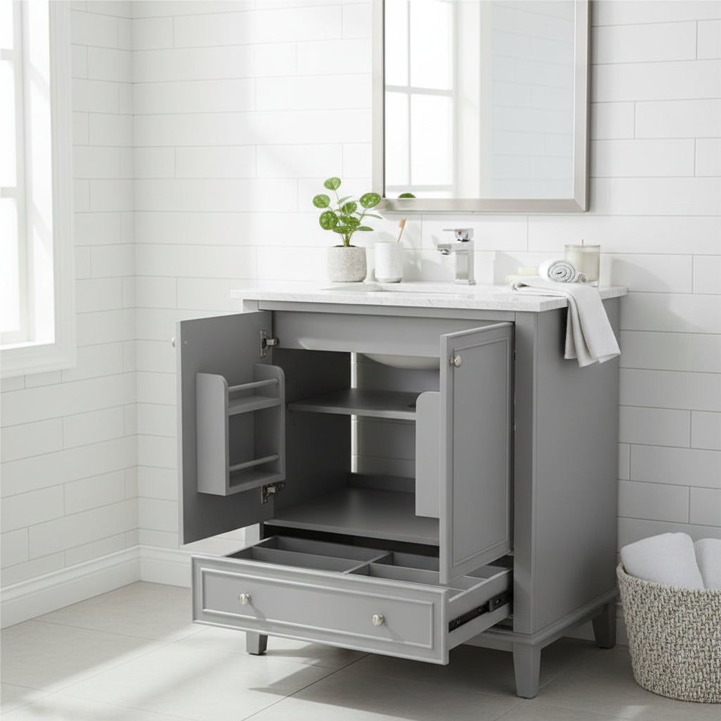 Meuble bas de salle de bain en bois massif et MDF, gris/blanc, avec 2 portes, un tiroir et une étagère réglable – Unité individuelle