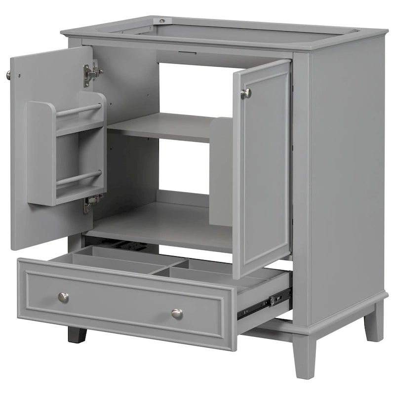 Meuble bas de salle de bain en bois massif et MDF, gris/blanc, avec 2 portes, un tiroir et une étagère réglable – Unité individuelle