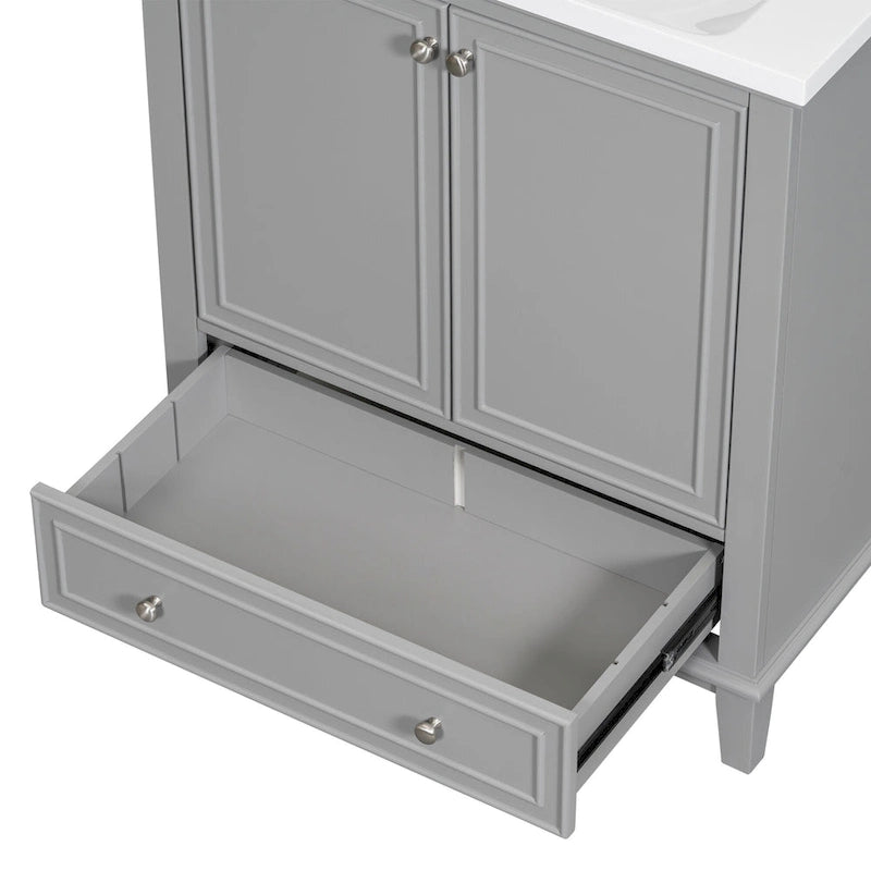 Meuble bas de salle de bain en bois massif et MDF, gris/blanc, avec 2 portes, un tiroir et une étagère réglable – Unité individuelle
