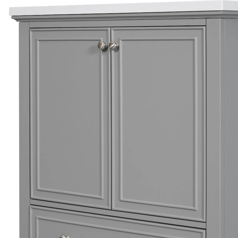 Meuble bas de salle de bain en bois massif et MDF, gris/blanc, avec 2 portes, un tiroir et une étagère réglable – Unité individuelle