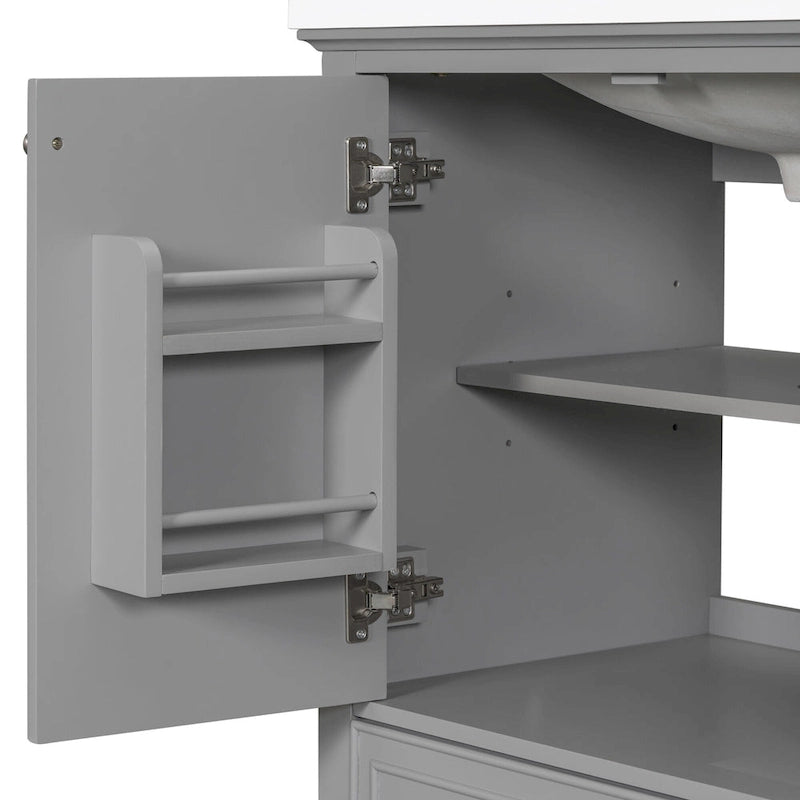 Meuble bas de salle de bain en bois massif et MDF, gris/blanc, avec 2 portes, un tiroir et une étagère réglable – Unité individuelle