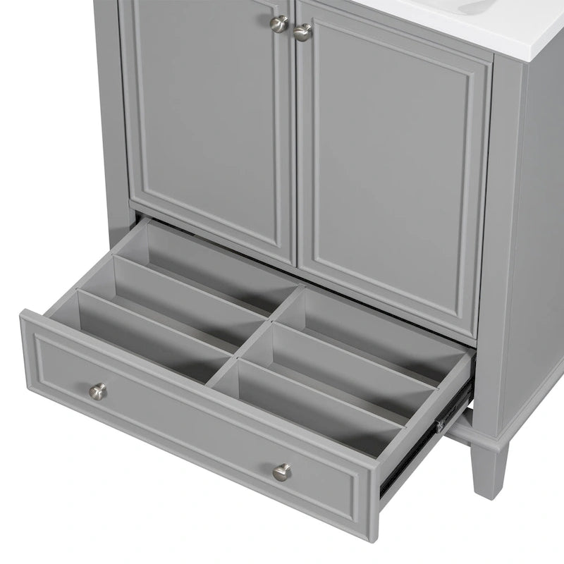 Meuble bas de salle de bain en bois massif et MDF, gris/blanc, avec 2 portes, un tiroir et une étagère réglable – Unité individuelle