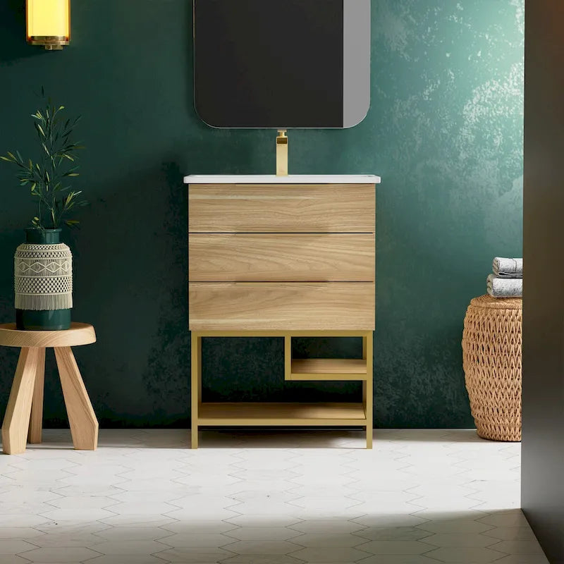 Meuble-lavabo autoportant mi-siècle en chêne avec vasque en céramique, 2 tiroirs à fermeture douce et étagère ouverte – Unité simple