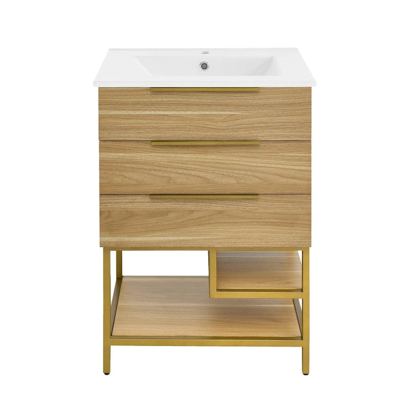 Meuble-lavabo autoportant mi-siècle en chêne avec vasque en céramique, 2 tiroirs à fermeture douce et étagère ouverte – Unité simple