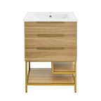 Meuble-lavabo autoportant mi-siècle en chêne avec vasque en céramique, 2 tiroirs à fermeture douce et étagère ouverte – Unité simple