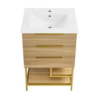Meuble-lavabo autoportant mi-siècle en chêne avec vasque en céramique, 2 tiroirs à fermeture douce et étagère ouverte – Unité simple