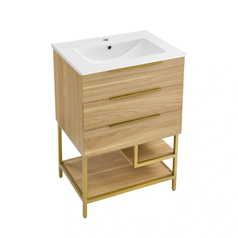 Meuble-lavabo autoportant mi-siècle en chêne avec vasque en céramique, 2 tiroirs à fermeture douce et étagère ouverte – Unité simple