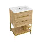 Meuble-lavabo autoportant mi-siècle en chêne avec vasque en céramique, 2 tiroirs à fermeture douce et étagère ouverte – Unité simple
