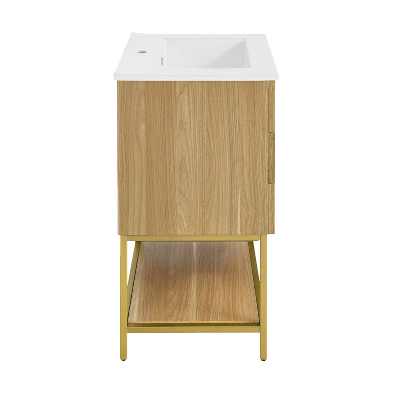 Meuble-lavabo autoportant mi-siècle en chêne avec vasque en céramique, 2 tiroirs à fermeture douce et étagère ouverte – Unité simple