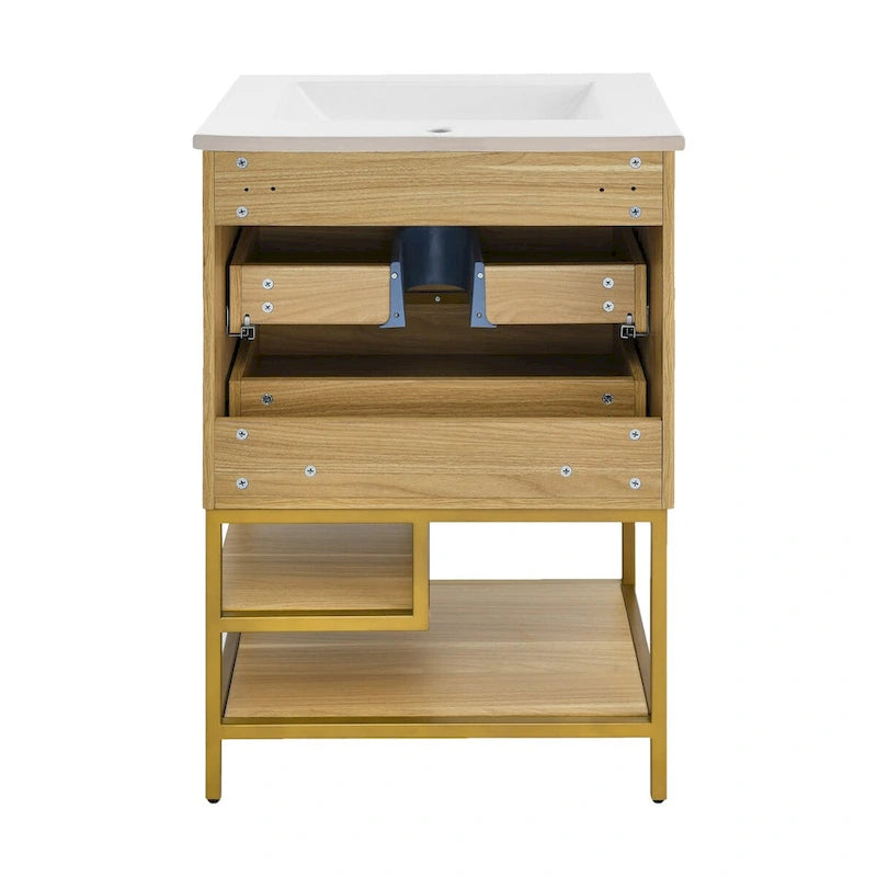 Meuble-lavabo autoportant mi-siècle en chêne avec vasque en céramique, 2 tiroirs à fermeture douce et étagère ouverte – Unité simple