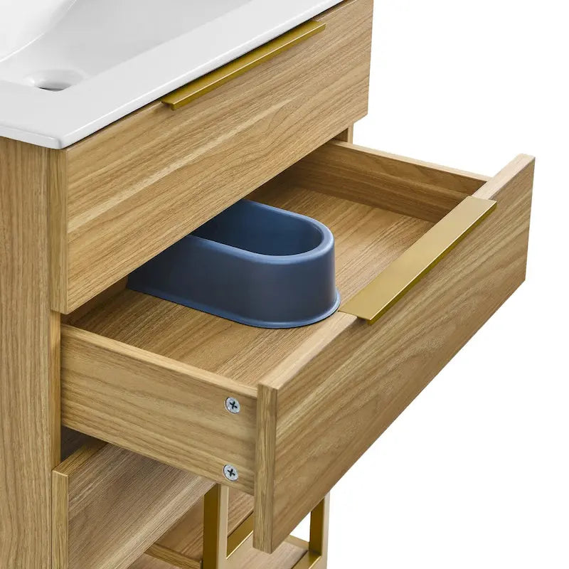 Meuble-lavabo autoportant mi-siècle en chêne avec vasque en céramique, 2 tiroirs à fermeture douce et étagère ouverte – Unité simple