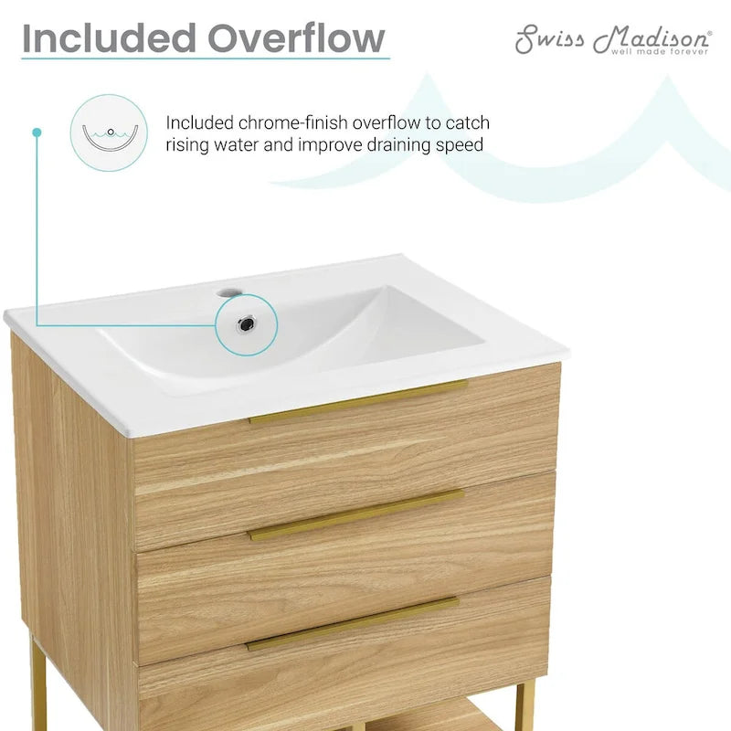 Meuble-lavabo autoportant mi-siècle en chêne avec vasque en céramique, 2 tiroirs à fermeture douce et étagère ouverte – Unité simple