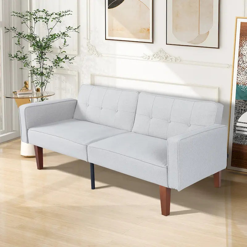 Canapé-lit futon convertible en similicuir gris avec dossier divisé réglable et pieds en bois – 2 places