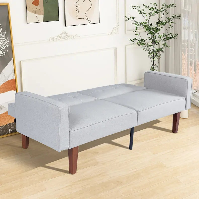 Canapé-lit futon convertible en similicuir gris avec dossier divisé réglable et pieds en bois – 2 places